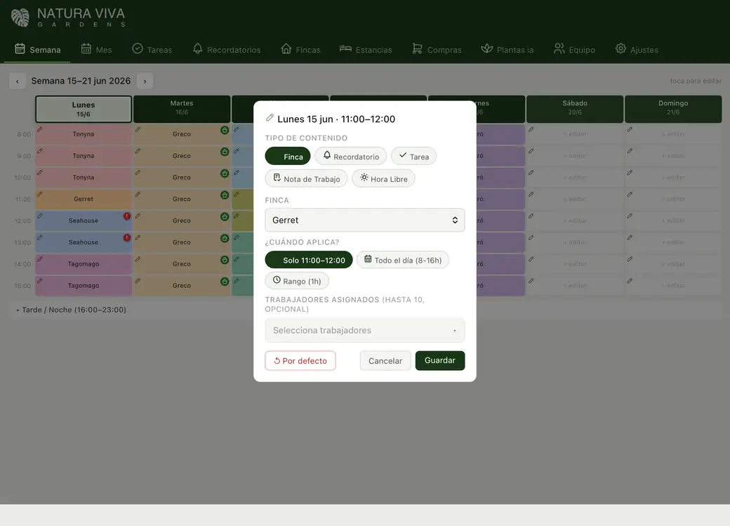 Pantalla de asignar trabajo en la app Natura Viva
