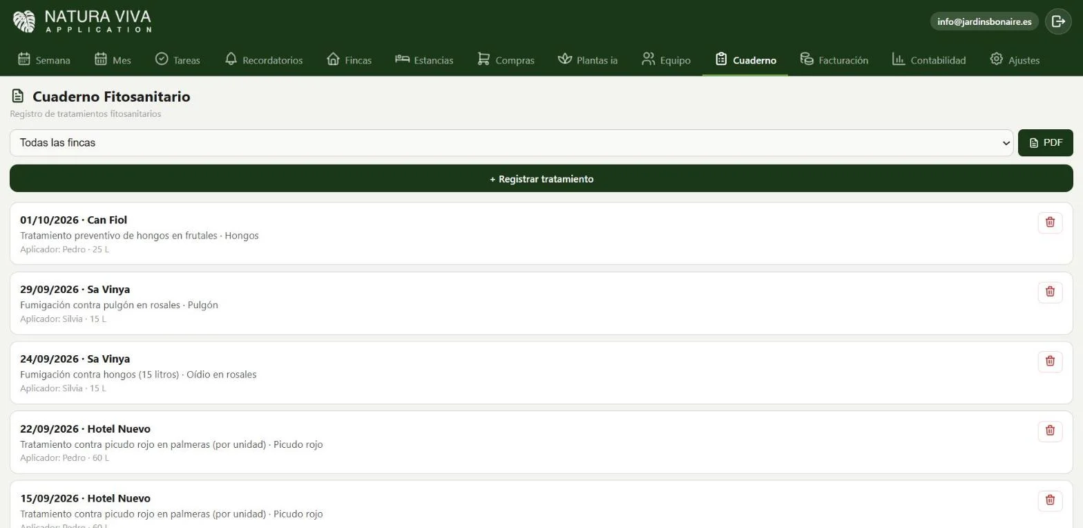 Schermata del registro trattamenti nell'app Natura Viva